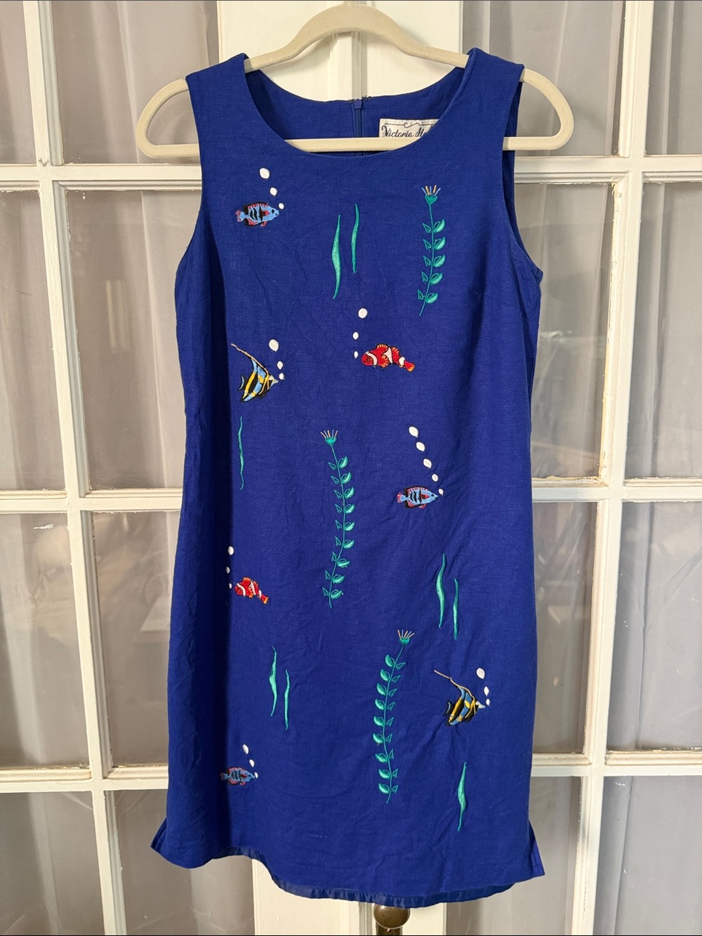 Vintage Royal Blue Embroidered Fish Linen Blend Shift Dress Size 6 - Picture 1 of 8